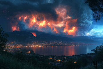 Fototapeta na wymiar thunderstorms and thunderbolt lightning flashes in night dark sky in summer over lake with mountains