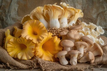 A Bountiful Harvest A Collection of Freshly Picked Mushrooms and Wildflowers Generative AI