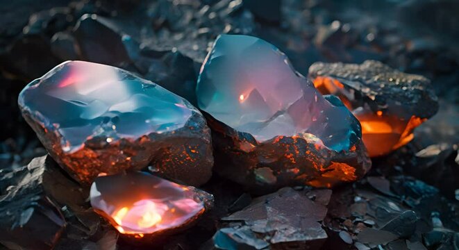Fiery opals on a soft-focus dark rock bed,