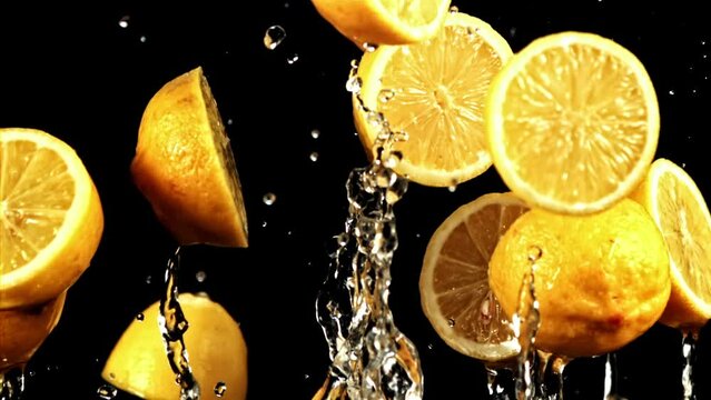 Super slow motion pieces of lemons with water fly up and fall down. High quality FullHD footage