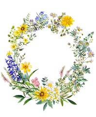 floral wreath made of wildflowers, illustrated in soft watercolor