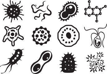 Microbiology insects, Bacteria, Microbes and Viruses Icons. Diseases control,pharmaceutical marketing. Bacteria and virus killing and control insecticide poster or banner for media and web.  - obrazy, fototapety, plakaty