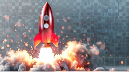Launch of a red rocket isolated on clear transparent background, made of precious metal. Successful...