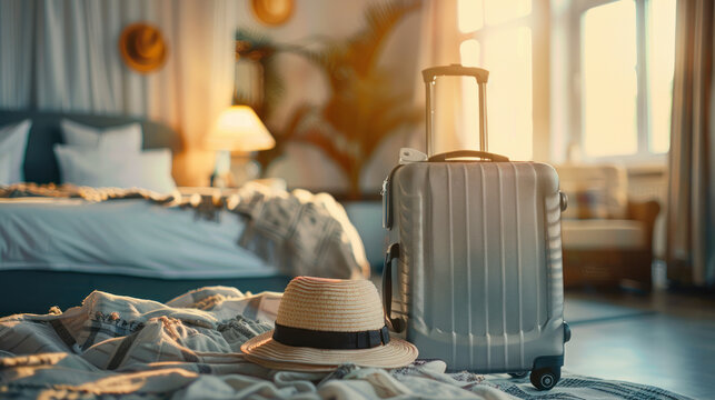 Gray suitcase with handbag and summer hat packing ready to travel vacation on bed at home or hotel