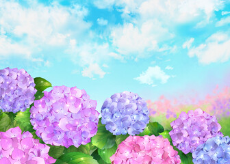 Obraz premium 紫陽花 水彩画 素材 風景 梅雨の晴れ間 晴天 ポスター ポストカード メッセージカード 挿絵 さわやか