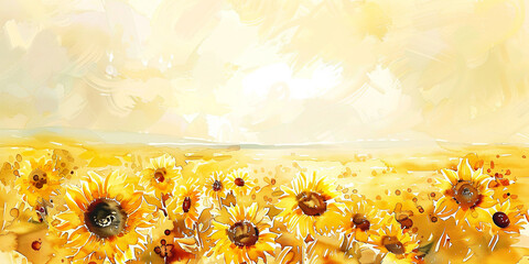 Surreal yellow sunflower field oil painting.  Summer banner. - 781877713