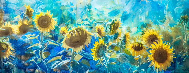 Surreal blue and yellow sunflower field oil painting.  Summer banner. - 781877743
