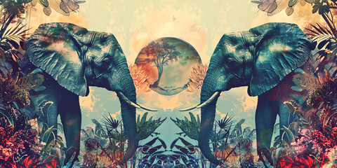 Wildlife concept. Exotic fantasy collage banner. Illustration of jungle plants and elephants - 781877795