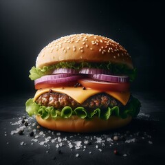 Tasty hamburger with tomatoes and cheese. Delicious burger on a dark black background.  Homemade sandwich front view banner background,