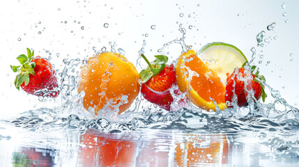 Fruits in water on white background. Healthy food concept
