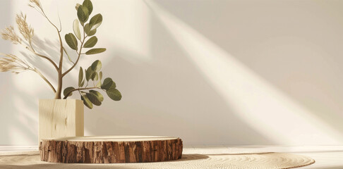 Wooden product podium with plant. Minimalistic modern banner - 781877988