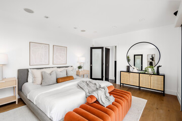 Modern Hollywood Hills home bedroom in Los Angeles, California, with a remodel of an older house