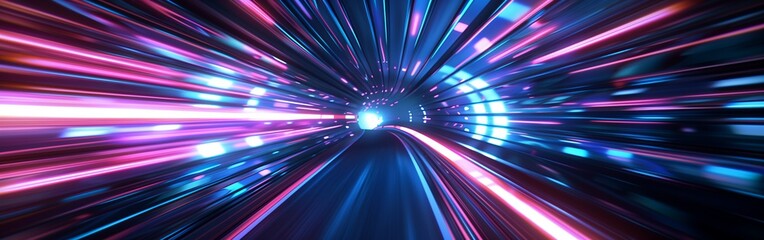 futuristic neon tunnel at warp speed with streaks of light - obrazy, fototapety, plakaty
