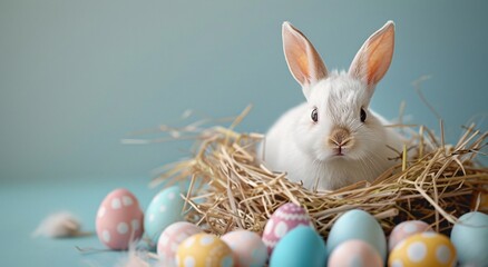 Naklejka na ściany i meble Easter Bunny Amidst Colorful Eggs Generative AI