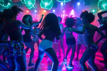 A lively dance scene with a crowd of young people enjoying in a club with neon lights, showcasing the vibrancy of nightlife