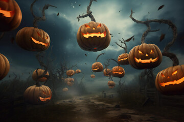 Halloween background with orange pumpkins with cut scary smile and flying bats. Scary night of Halloween. Halloween and decoration concept