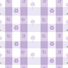 gingham seamless pattern with daisies, pale lavender color, white background