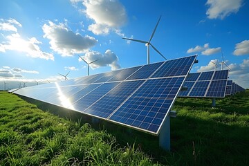 Renewable Energy Landscape: Solar Panels and Wind Turbines in Rural Setting