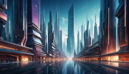 A digital art piece depicting a futuristic cityscape with towering skyscrapers and a radiant light at the horizon, evoking a sense of advanced civilization. AI Generation