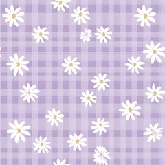 gingham seamless pattern with daisies, pale lavender color, white background