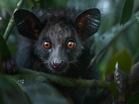Aye-aye in the night, jungle ambiance in soft focus,