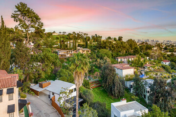 Aerial view of modernized Hollywood Hills residences in Los Angeles, California
