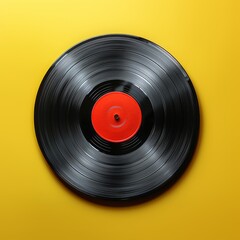 A black vinyl record on a yellow background.
