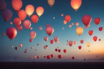 A mesmerizing display of illuminated balloons at dusk, their soft glow creating a dreamlike atmosphere against the evening sky, all captured with exceptional clarity in