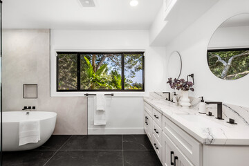 Modern Hollywood Hills home bathroom in Los Angeles, California, with a remodel of an older house