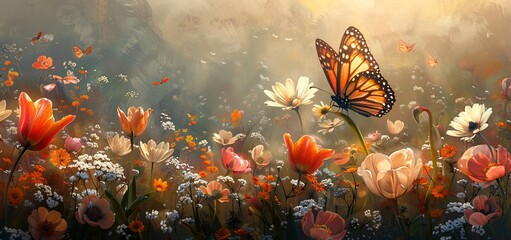 Blossoming Butterfly Amidst a Field of Colorful Flowers Generative AI - obrazy, fototapety, plakaty