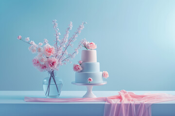 This beautifully styled table showcases a chic wedding cake adorned with pastel flowers, suggesting a serene celebration.