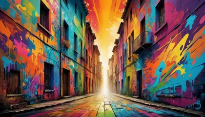 A digital illustration of an alley splashed with vivid graffiti, where art breathes life into the urban landscape. The radiant sunlight at the end of the street hints at endless possibilities.. AI - obrazy, fototapety, plakaty