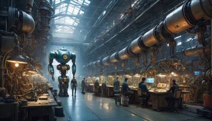 A large robot oversees workers in a high-tech industrial facility, filled with complex machinery and busy employees at their stations.. AI Generation - obrazy, fototapety, plakaty