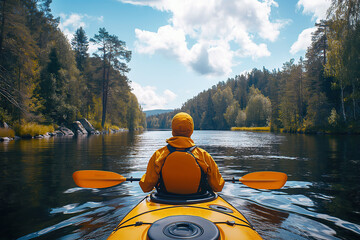 back of a male kayaker kayaking on a river in summer on forest background