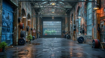 A large, empty warehouse with blue walls and a large door. - Powered by Adobe