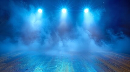 Fototapeta premium A dark empty stage with spotlights shining through the smoke in the background