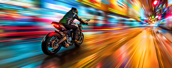 Fototapeta premium speed and motion in a long exposure photograph of a motorcycle driving down a vibrant street