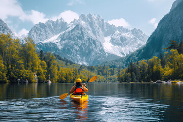 back of a female kayaker kayaking on a lake with a scene of snowy peaks mountains and forest