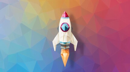 Rocket icon. Rocket website button on low poly background ,cute rocket start, with view of space and stars in the background, Rocket flies through the clouds on moonlight
