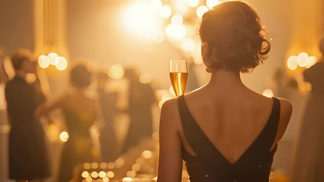A woman in a gl black gown walks away from the camera her champagne flute catching the light as she joins the lively party in the . .