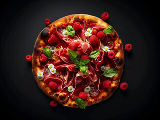 A pizza with ham, basil, and raspberries on top