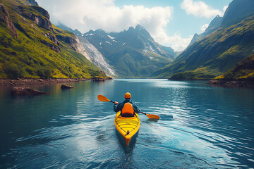 back of kayaker kayaking on lake with scene of mountains and forest