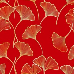 Ginkgo leaf pattern, simple lines, red background, gold outline, seamless repeating pattern