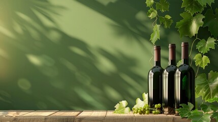 Wine Bottles Wooden Table Display, Grapevine Leaves Green Background, Ideal Wine Presentation Space, Wine-related Text Ample Space, Elegant Wine Setup with Bottles

