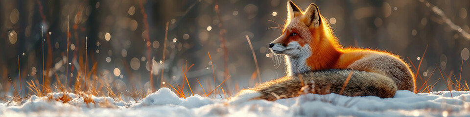 wild red fox in winter on snowy forest