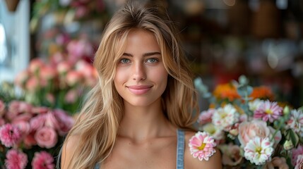 Obraz na płótnie Canvas Young Woman Smiling at Flower Shop