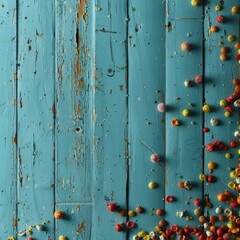 There are colorful candies scattered on a blue wooden table.