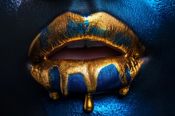 Gold Paint Drips From Lips, Lipgloss Dripping, Golden Liquid Drops on Beautiful Model Girl's Mouth