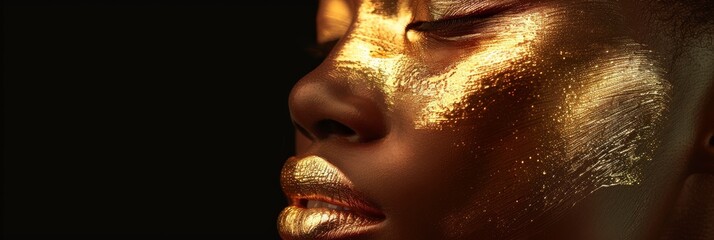 Golden Face Portrait, Shining Bronze Woman Face on Black Background, Glamour Shiny Makeup on Model