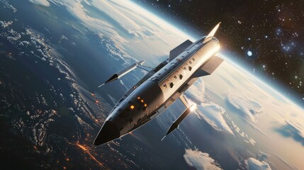 Concept of a futuristic hypersonic passenger aircraft for intercontinental flights in the stratosphere. Space tourism. 3D rendering image. Elements of this image furnished by NASA
 - obrazy, fototapety, plakaty